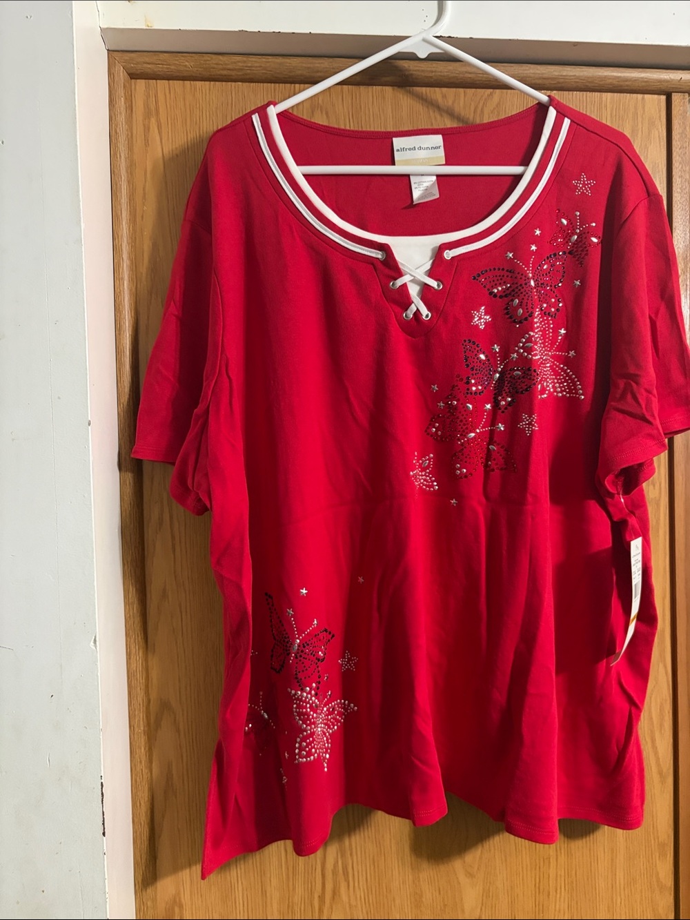 Alfred Dunner Red Lace-Up Short Sleeve Top with Rhinestone Butterfly